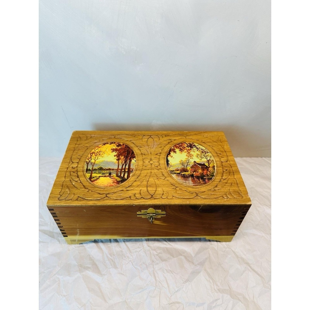 Vintage Cedar Jewelry box with carved and fall decopage lid, mirror inside